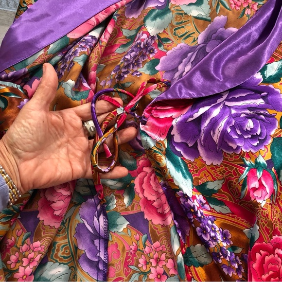 Vintage California Dynasty Satin Floral Long Robe, Women’s 2X, Purple Trim, Belt - Picture 11 of 12